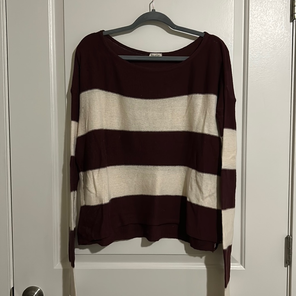 John Galt by Brandy Melville Long Sleeve Sweater in Burgundy/Cream Strips